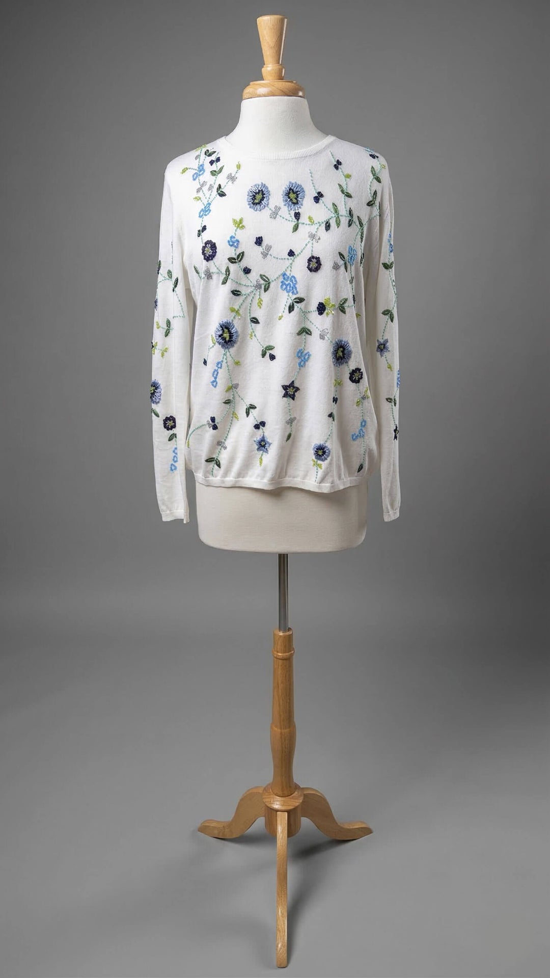 Richard Grand Floral Embroidered Sweater in White with Blues & Greens - Mildred Hoit