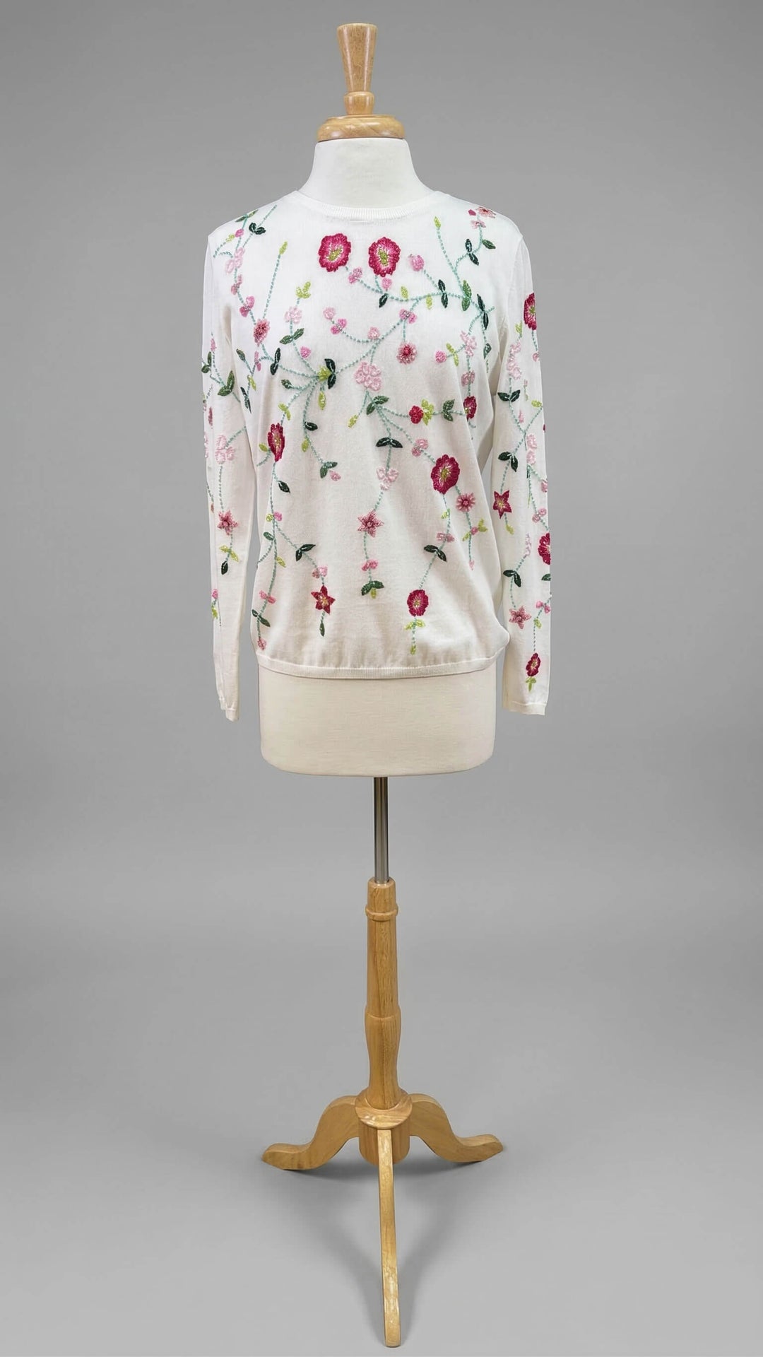 Richard Grand Floral Embroidered Sweater in White with Pinks & Greens - Mildred Hoit