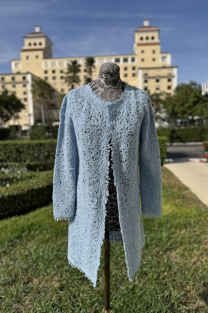 Richard Grand Long Macrame Duster in Sky Blue - Mildred Hoit