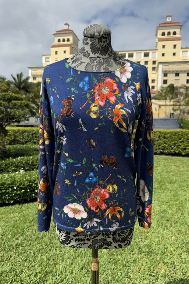Richard Grand Navy and Floral Cashmere and Silk Sweater available at Mildred Hoit in Palm Beach.