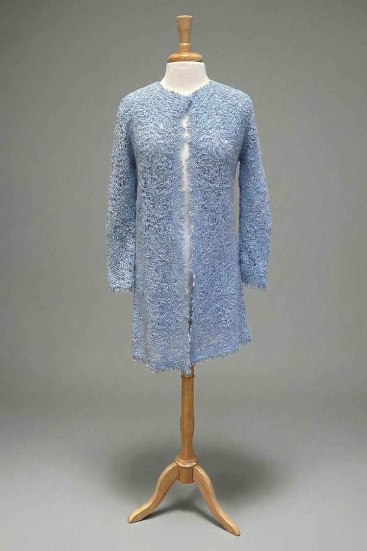Richard Grand Long Macrame Duster in Sky Blue - Mildred Hoit