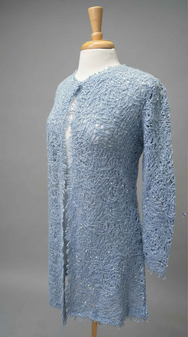 Richard Grand Long Macrame Duster in Sky Blue - Mildred Hoit
