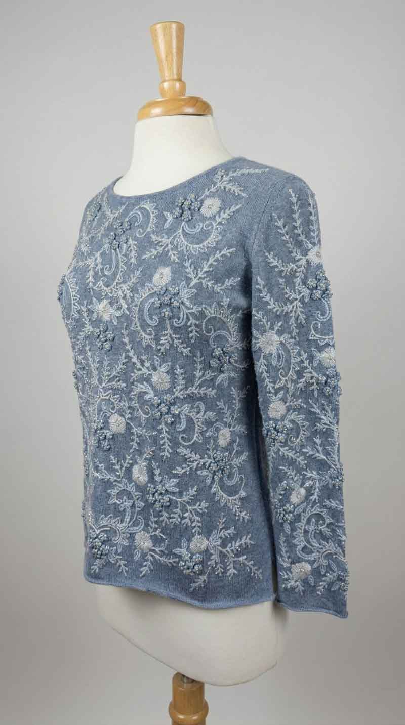 Richard Grand Embroidered Denim Blue Sweater with Crystals