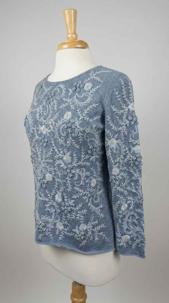 Richard Grand Embroidered Denim Blue Sweater with Crystals