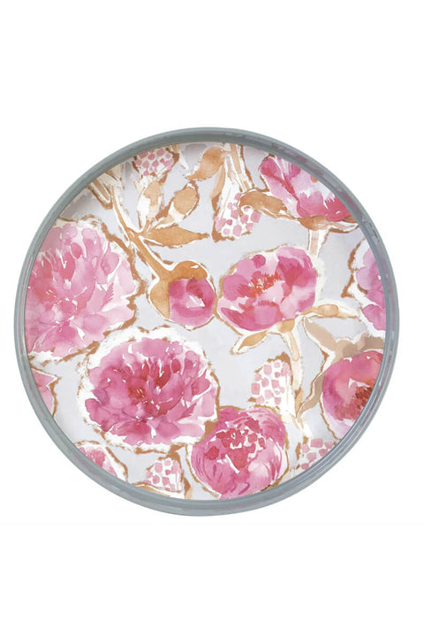 Pink Blooms Round Tray available at Mildred Hoit in Palm Beach.