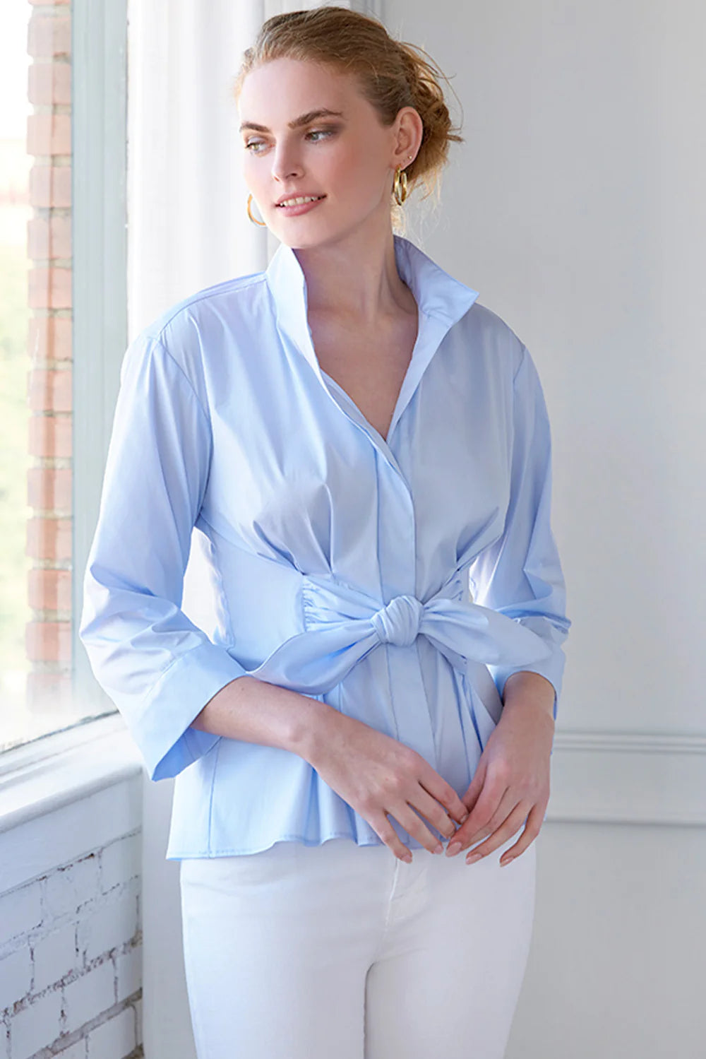 Finley Rocky Tie Front Blouse in Light Blue - Mildred Hoit