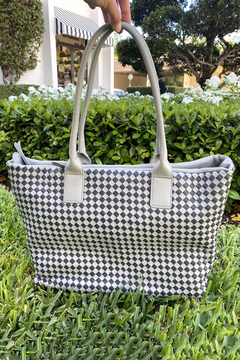 Italian Leather Woven Tote Bag in Pearl Grey - Mildred Hoit