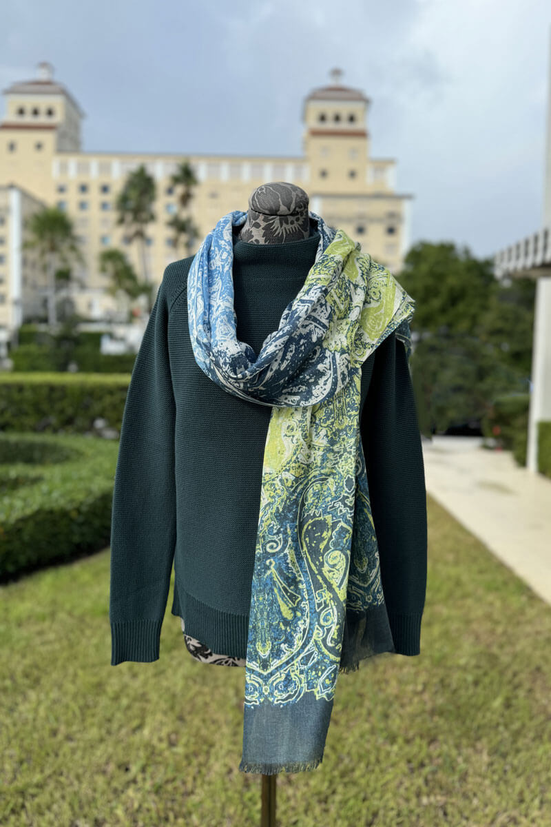 Kinross Faded Paisley Print Scarf in Cypress