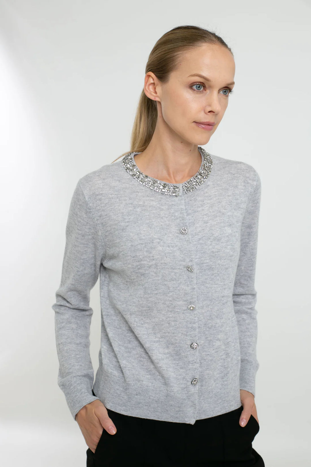 In Cashmere Embellished Cardigan in Light Heathered Grey - Mildred Hoit