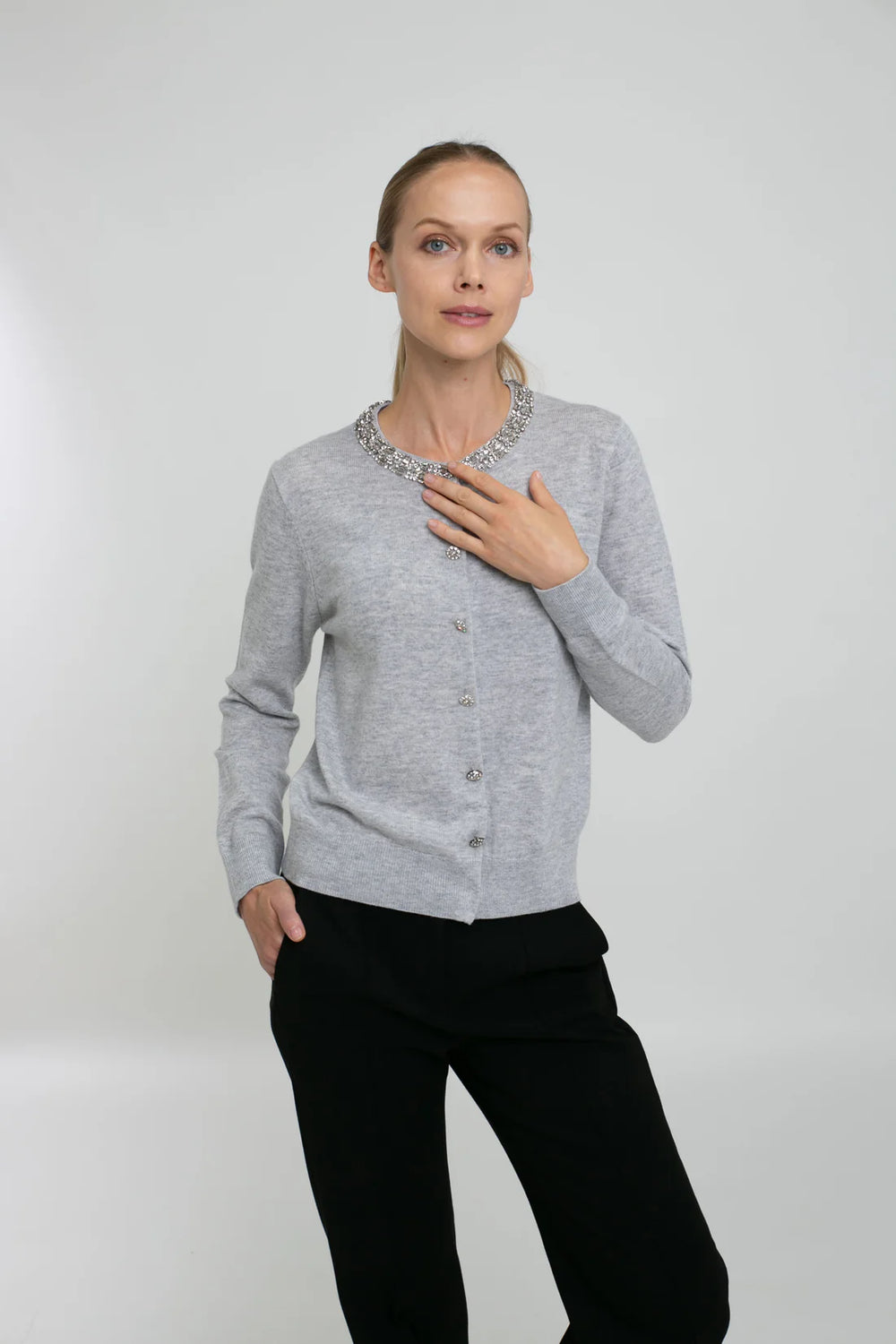 In Cashmere Embellished Cardigan in Light Heathered Grey - Mildred Hoit