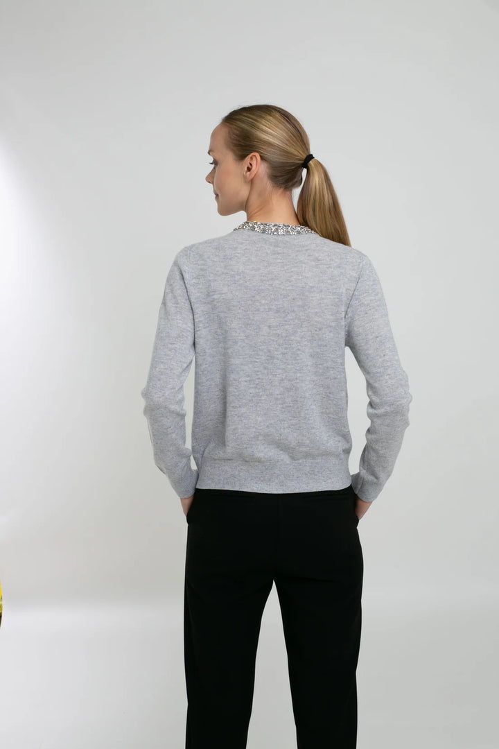 In Cashmere Embellished Cardigan in Light Heathered Grey - Mildred Hoit