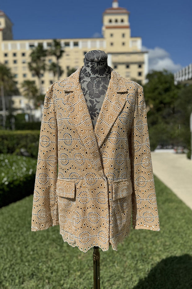 Broderie Anglaise Double Breasted Jacket in Light Tan available at Mildred Hoit in Palm Beach.