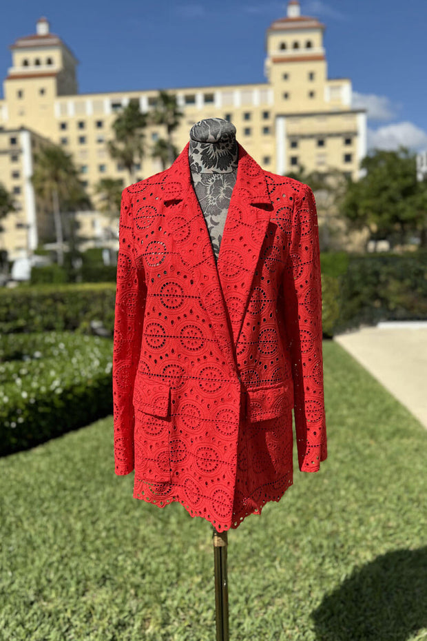 Broderie Anglaise Double Breasted Jacket in Red available at Mildred Hoit in Palm Beach.