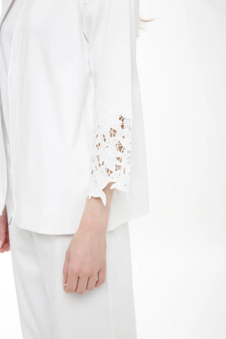Long Sleeve Zip Up Shirt with Lace in White - Mildred Hoit