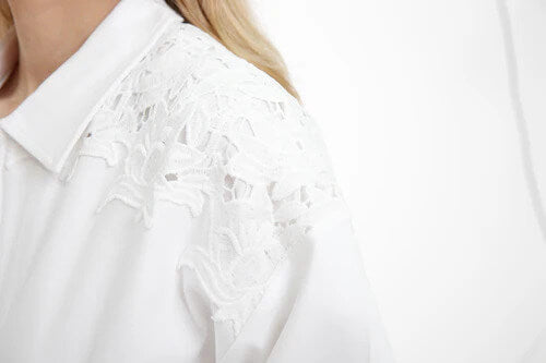 Long Sleeve Zip Up Shirt with Lace in White - Mildred Hoit