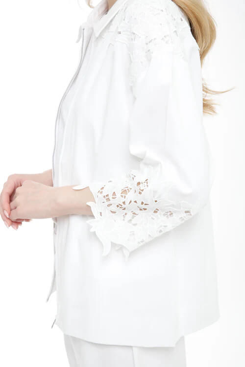 Long Sleeve Zip Up Shirt with Lace in White - Mildred Hoit