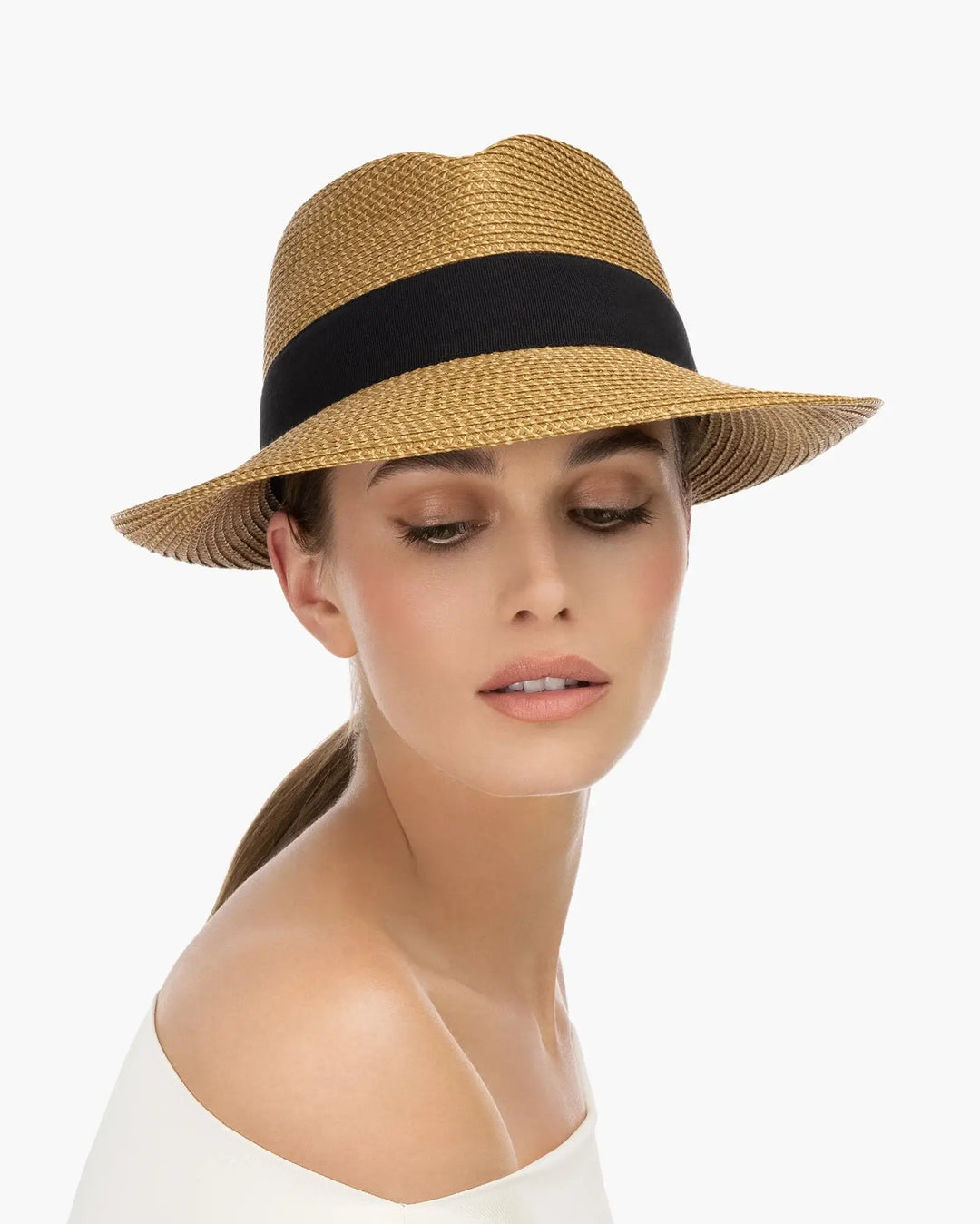 Eric Javits Squishee® Classic Fedora In Natural & Black - Mildred Hoit
