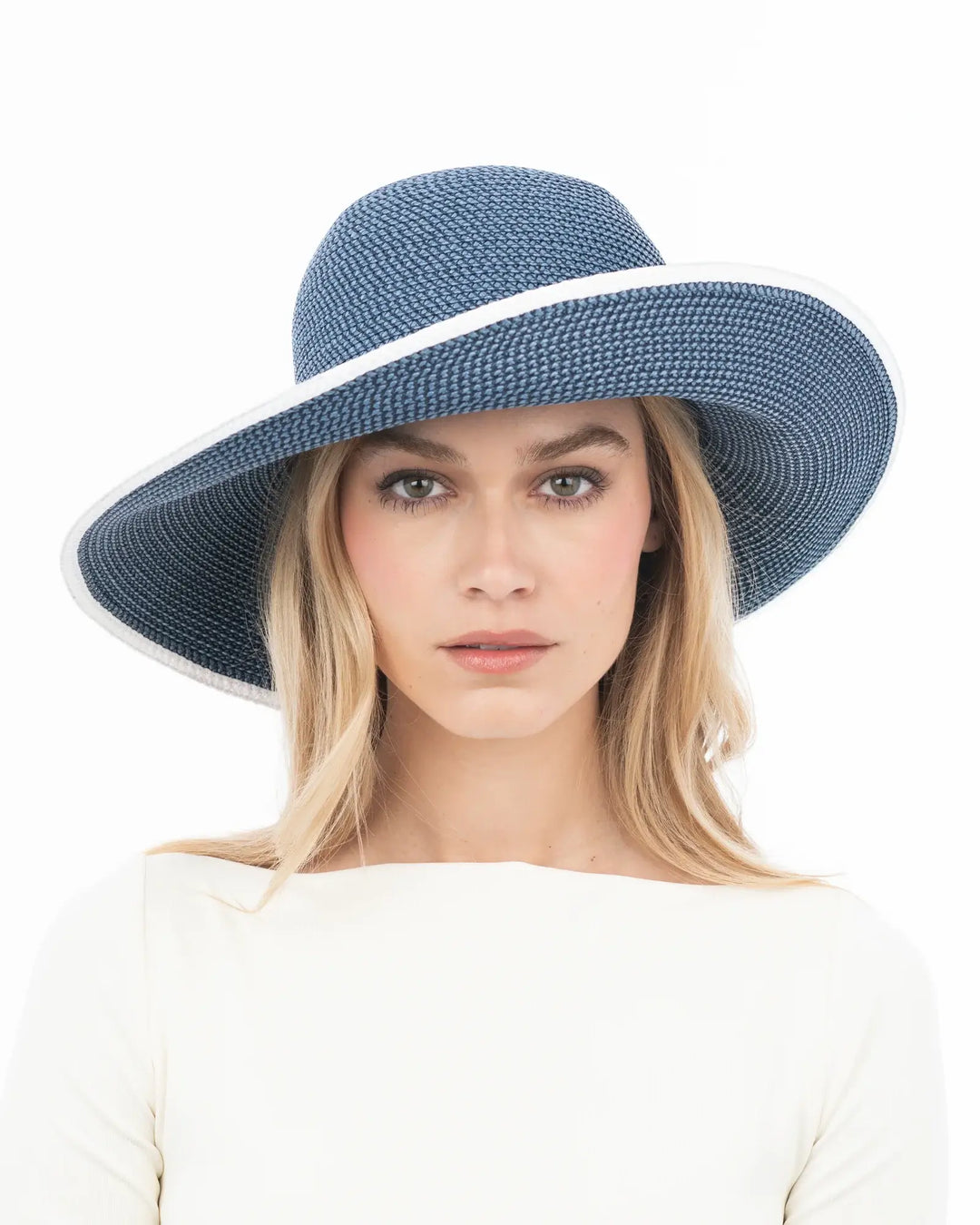 Eric Javits Hampton Hat in Indigo & White - Mildred Hoit