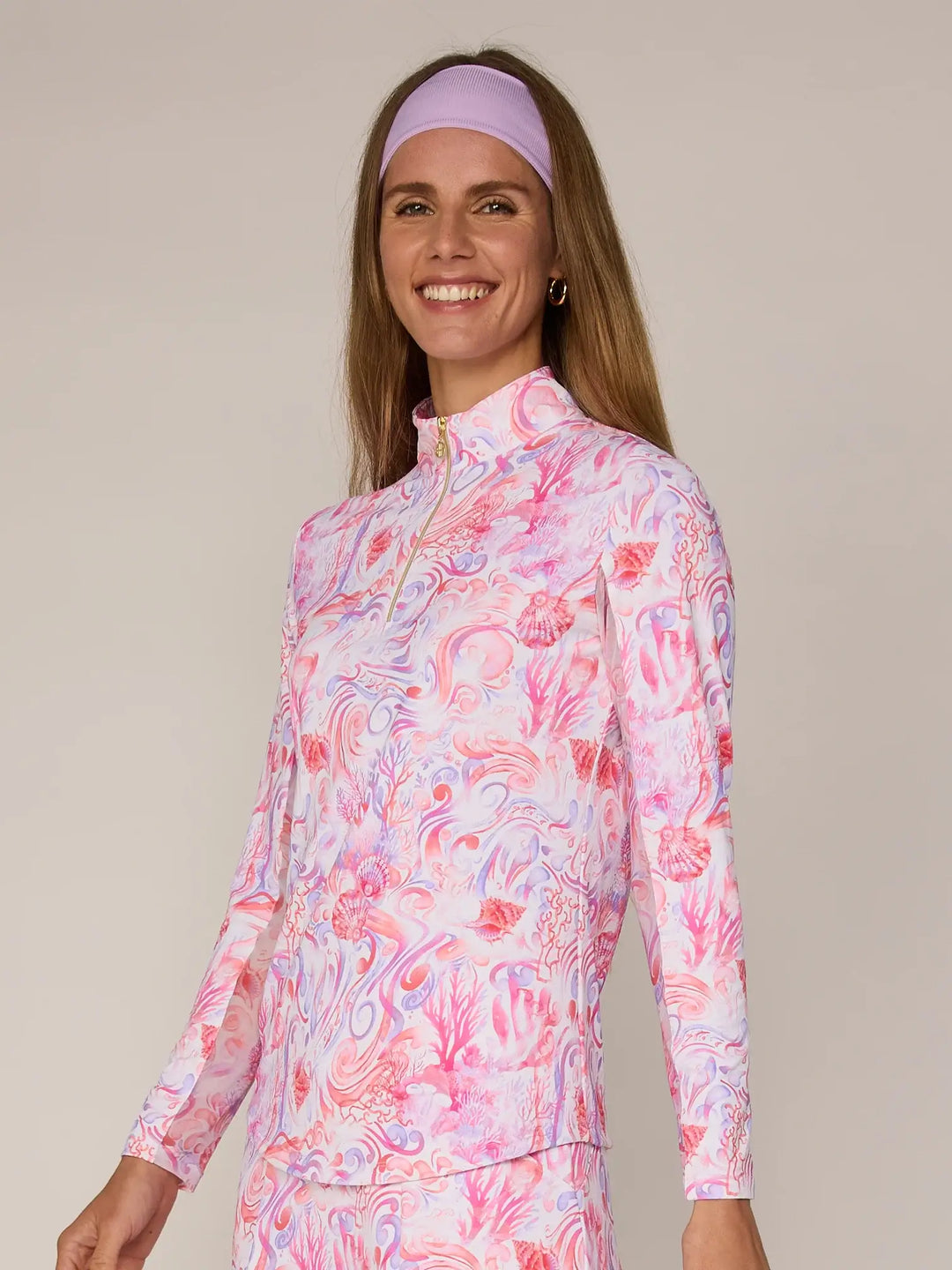 Quarter Zip Sun Protection Top In Pink Coral Reef - Mildred Hoit