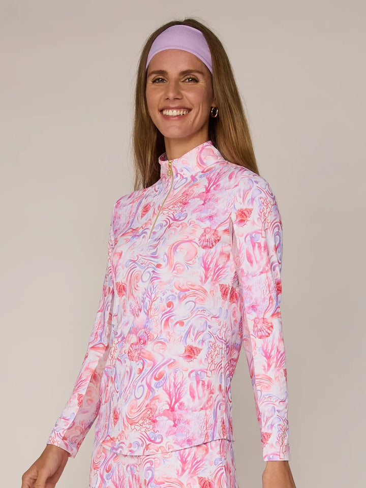 Quarter Zip Sun Protection Top In Pink Coral Reef - Mildred Hoit