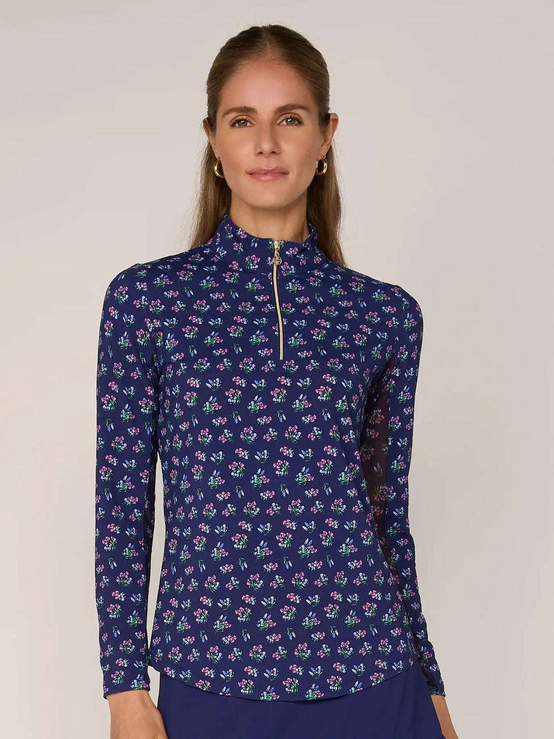 Quarter Zip Sun Protection Top In Navy Bouquet - Mildred Hoit