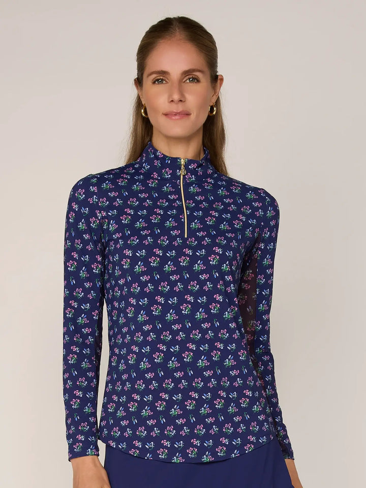 Quarter Zip Sun Protection Top In Navy Bouquet - Mildred Hoit