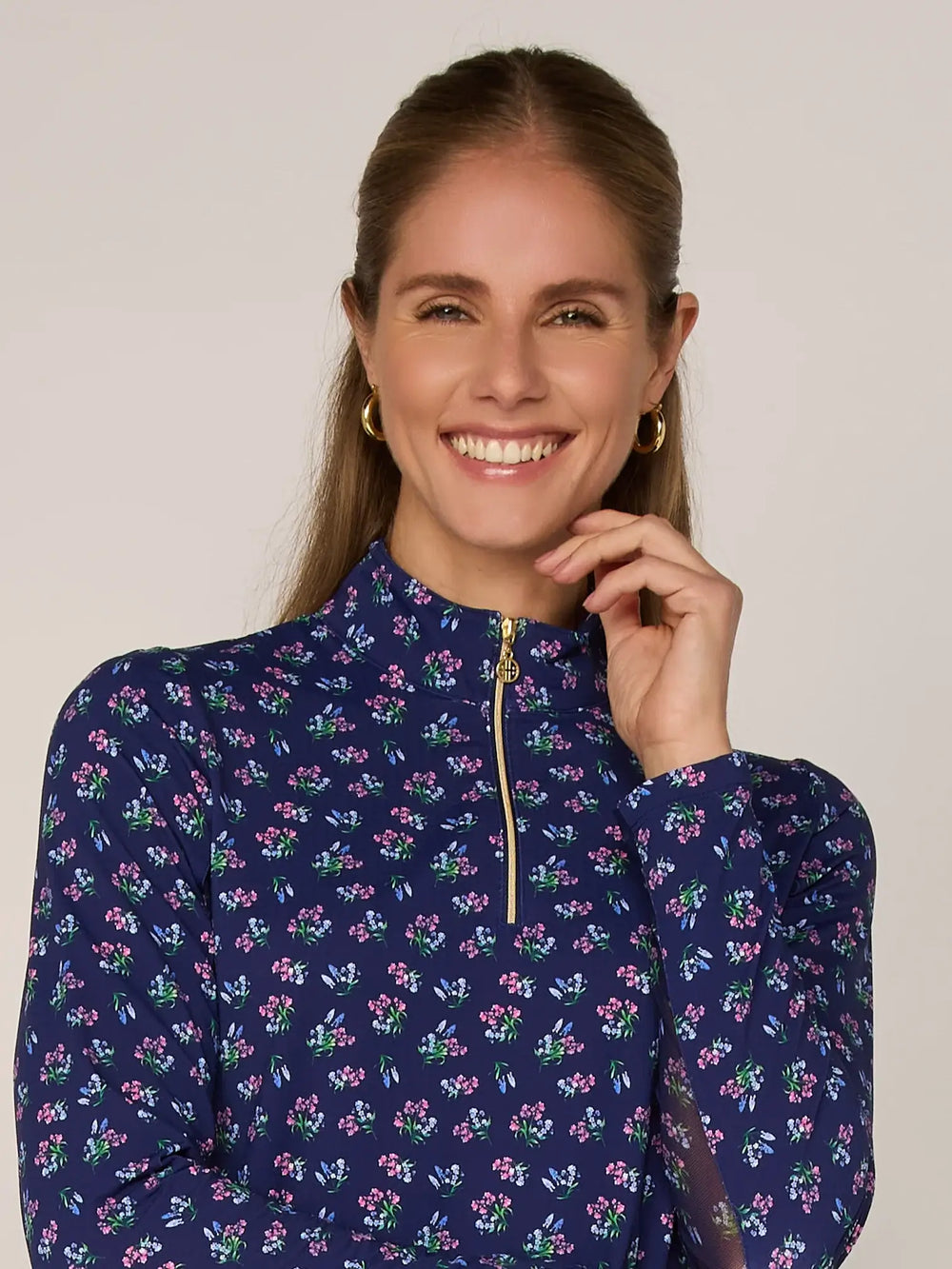 Quarter Zip Sun Protection Top In Navy Bouquet - Mildred Hoit