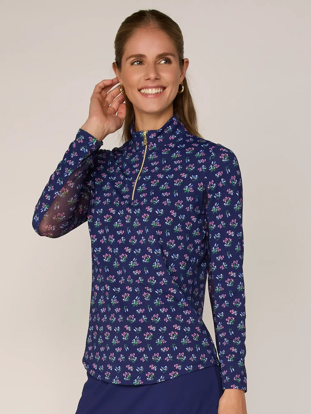 Quarter Zip Sun Protection Top In Navy Bouquet - Mildred Hoit