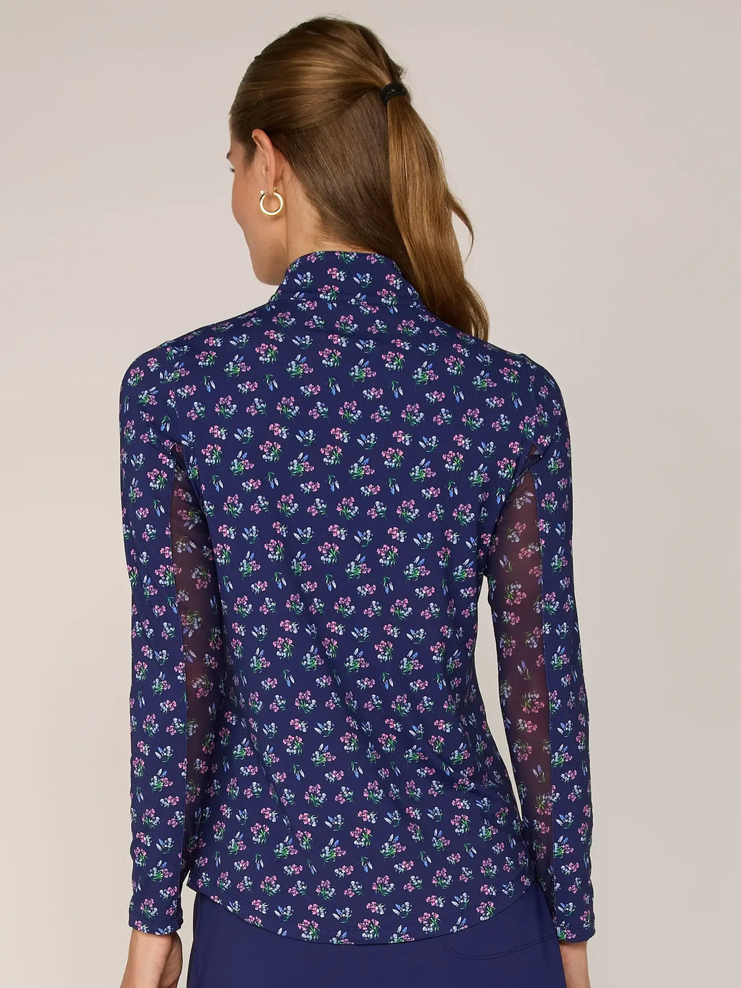 Quarter Zip Sun Protection Top In Navy Bouquet - Mildred Hoit