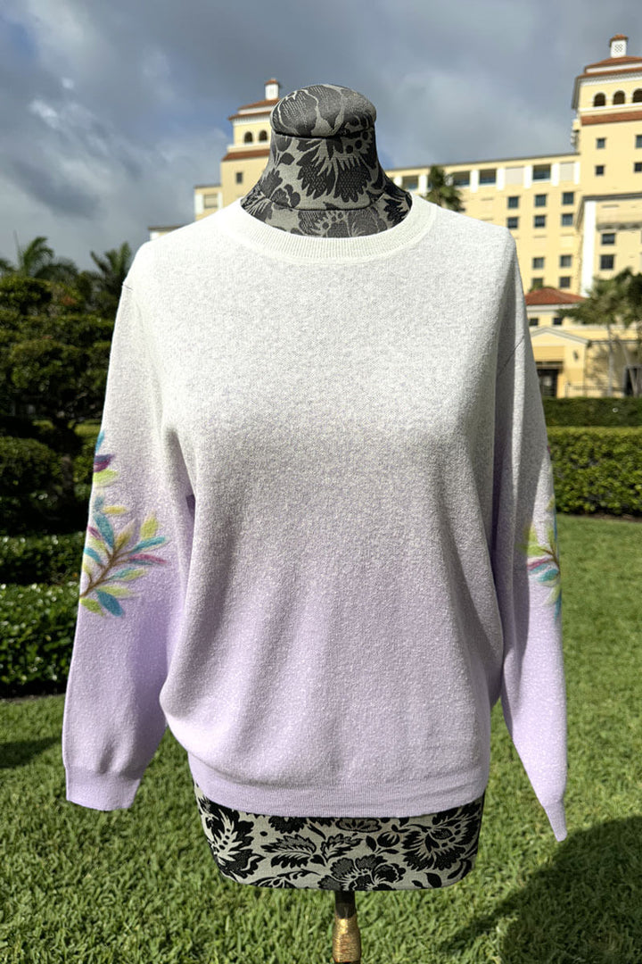 Crewneck Sweater with Leaf Detail in White and Lilac - Mildred Hoit