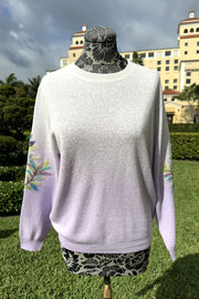 Crewneck Sweater with Leaf Detail in White and Lilac