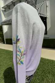 Crewneck Sweater with Leaf Detail in White and Lilac
