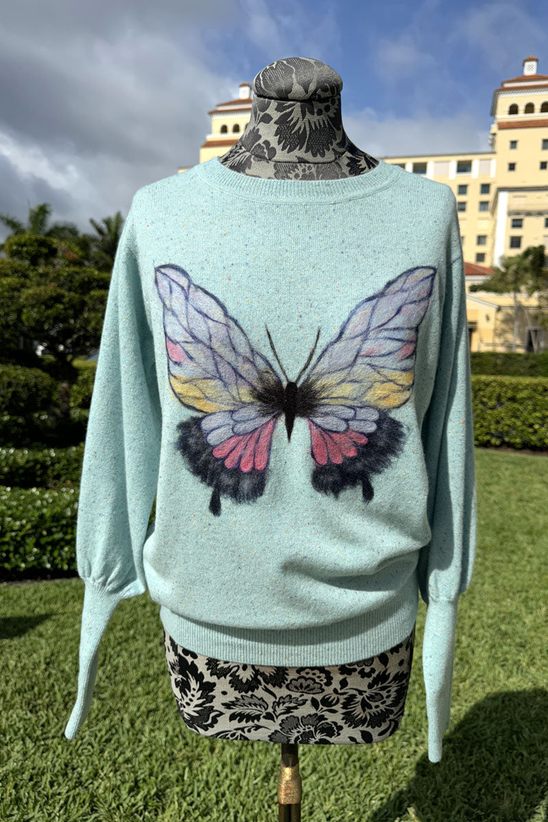 Crew Neck Butterfly Sweater in Aqua - Mildred Hoit