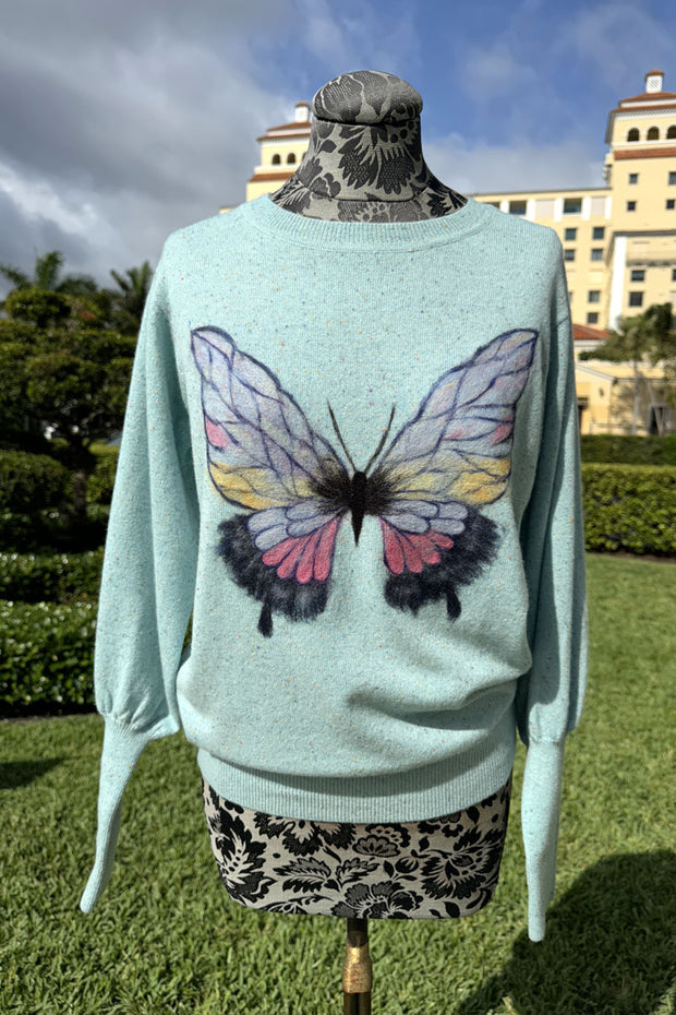 Crew Neck Butterfly Sweater in Aqua