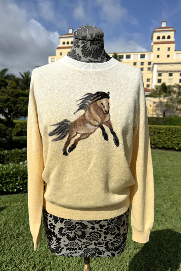 Crew Neck Equestrian Sweater in White and Honey available at Mildred Hoit in Palm Beach.