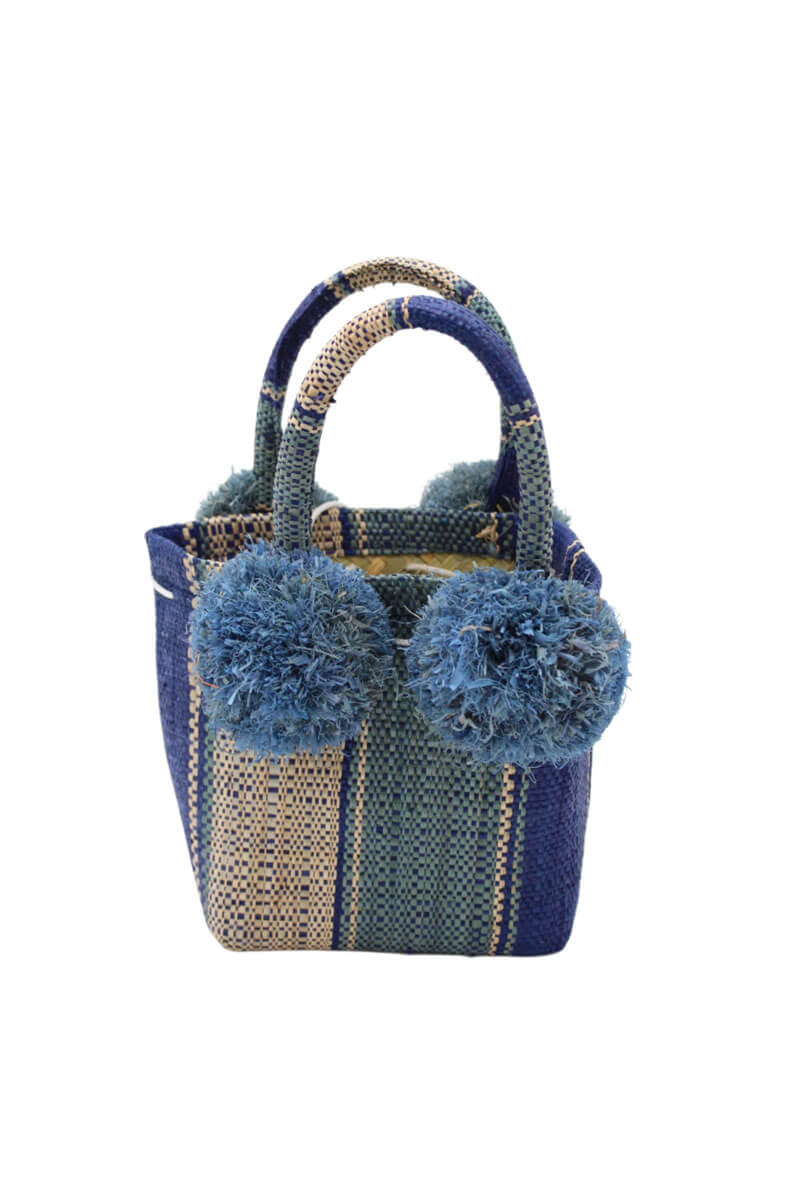 Schooner Straw Mini Bag with Pom Pom Accent in Blue Swirl - Mildred Hoit