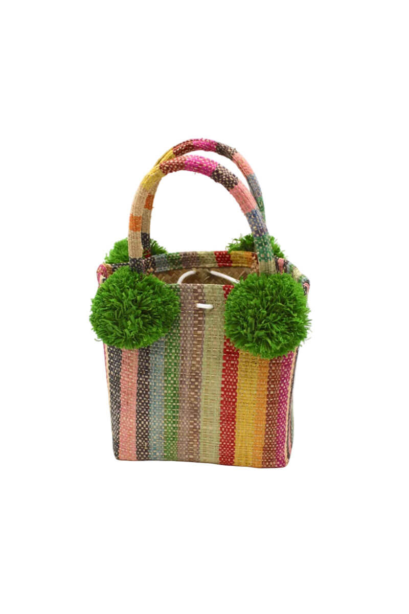 Schooner Straw Mini Bag with Pom Pom Accent in Lollipop Stripe - Mildred Hoit