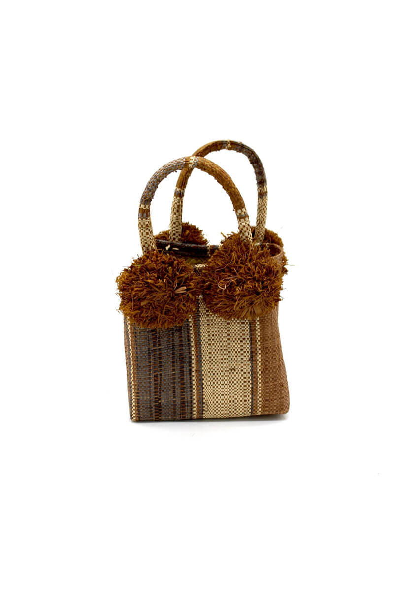 Schooner Straw Mini Bag with Pom Pom Accent in Tobacco Swirl - Mildred Hoit