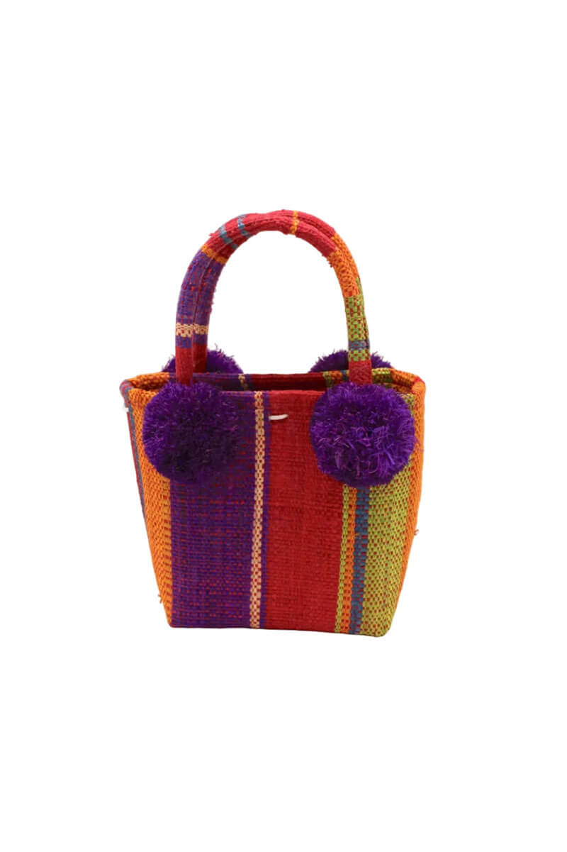 Schooner Straw Mini Bag with Pom Pom Accent in Sangria Swirl - Mildred Hoit