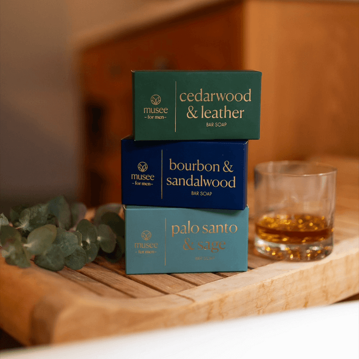 Men's Bar Soap Trio- Cedarwood & Leather, Bourbon & Sandalwood, Palo Santo & Sage