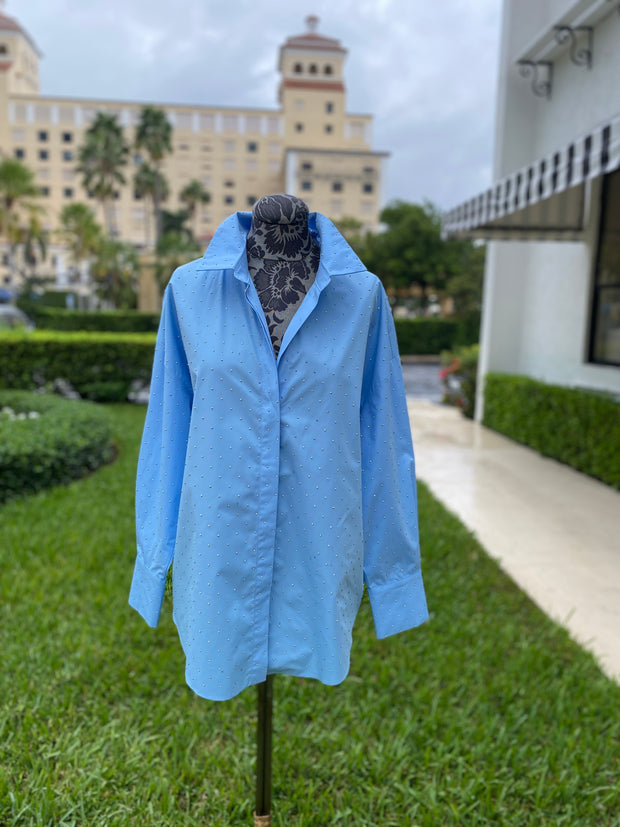 Baby Blue Sparkle Button Down Blouse available at Mildred Hoit in Palm Beach.