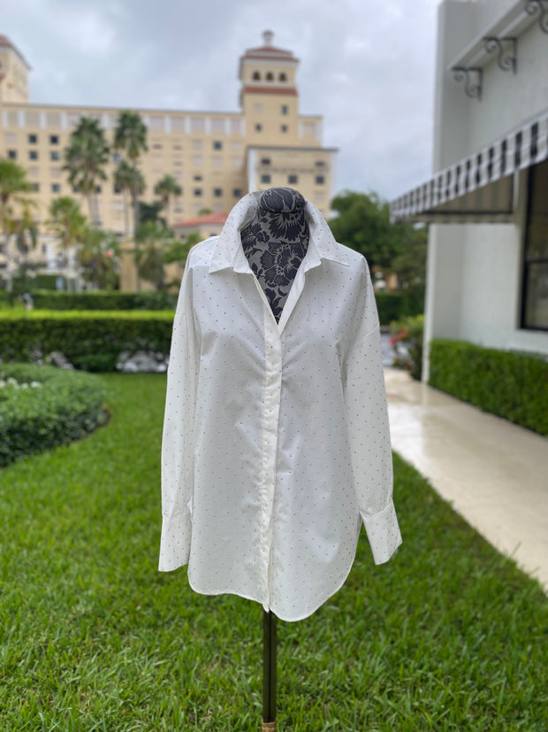 White Sparkle Button Down Blouse available at Mildred Hoit in Palm Beach.
