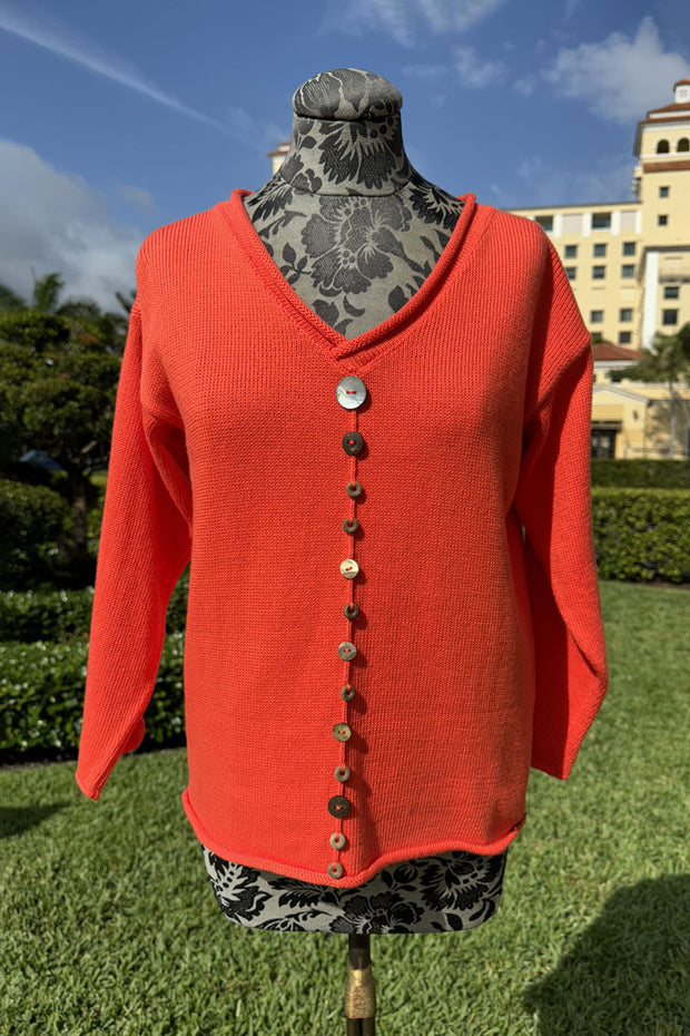 V Neck Button Detail Coral Sweater