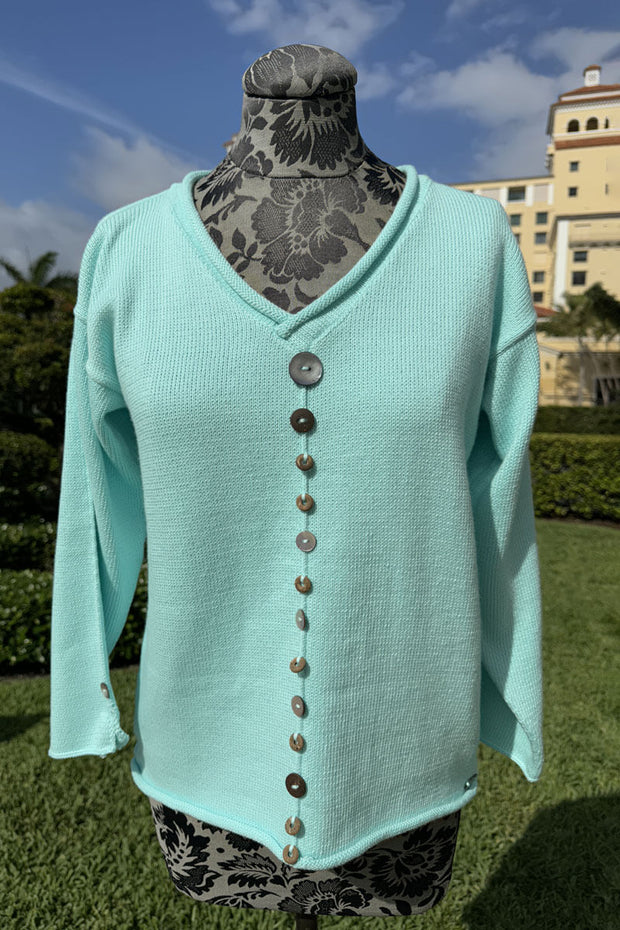 V Neck Sweater with Button Detail in Aqua available at Mildred Hoit in Palm Beach.