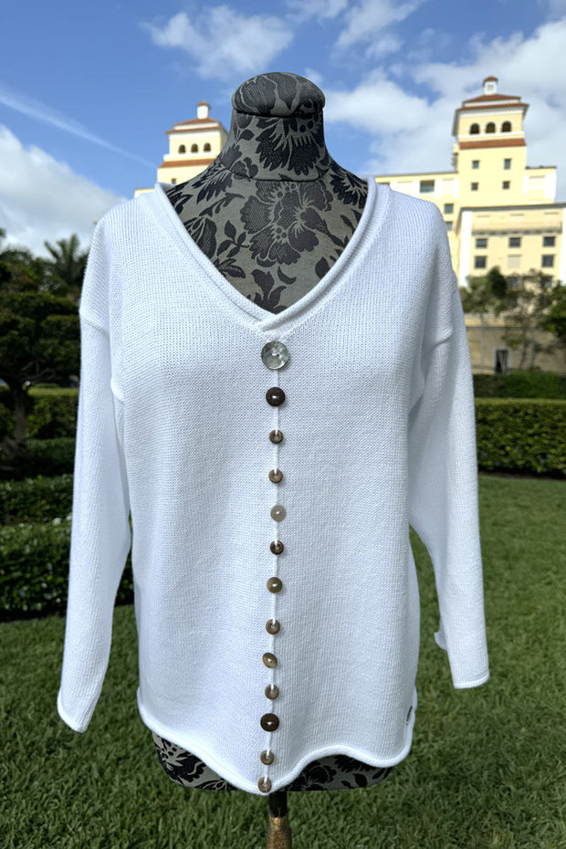 V Neck Sweater with Button Detail in White available at Mildred Hoit in Palm Beach.