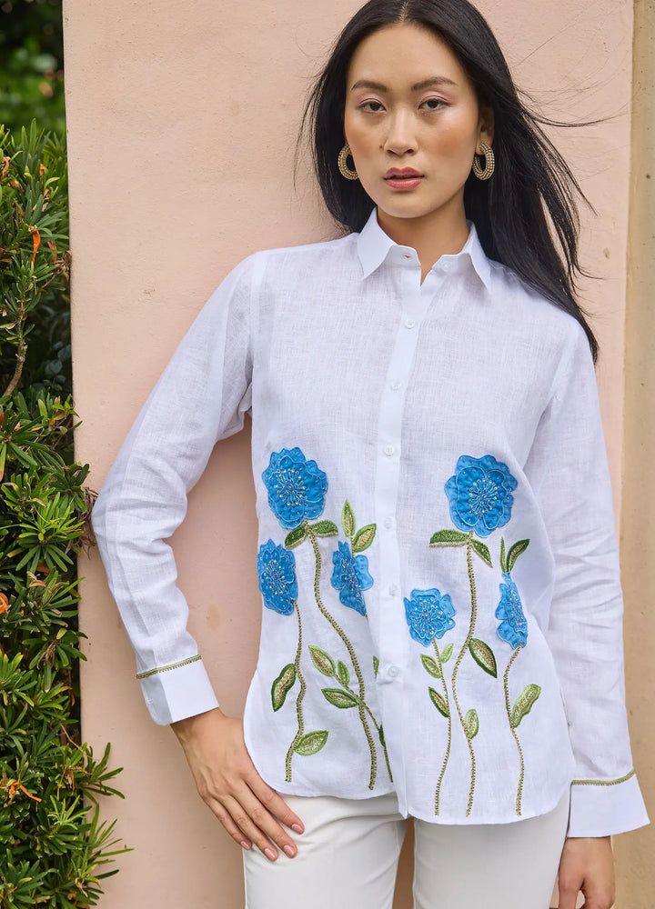 Bella Tu Sheer Flower Shirt in Blue Linen - Mildred Hoit