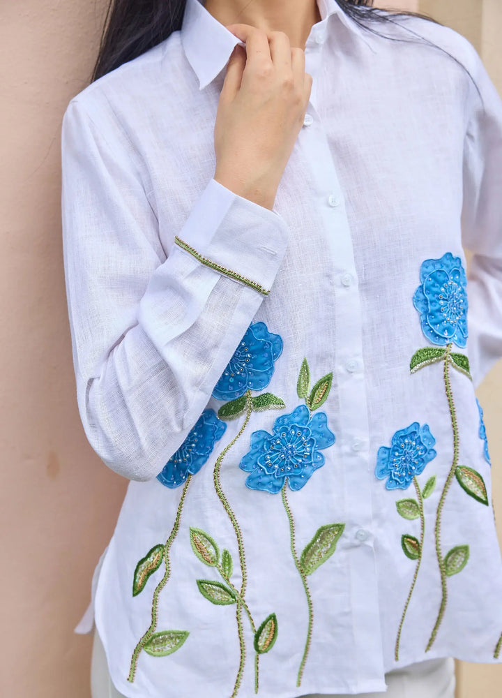 Bella Tu Sheer Flower Shirt in Blue Linen - Mildred Hoit