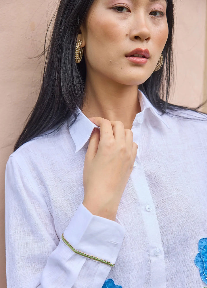 Bella Tu Sheer Flower Shirt in Blue Linen - Mildred Hoit