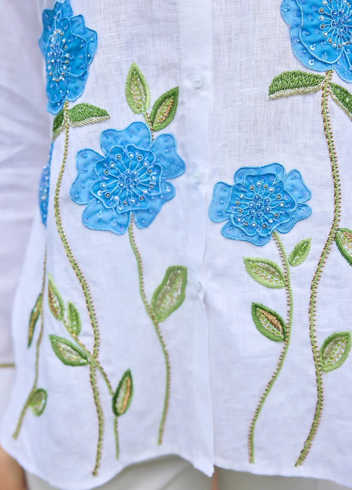 Bella Tu Sheer Flower Shirt in Blue Linen - Mildred Hoit