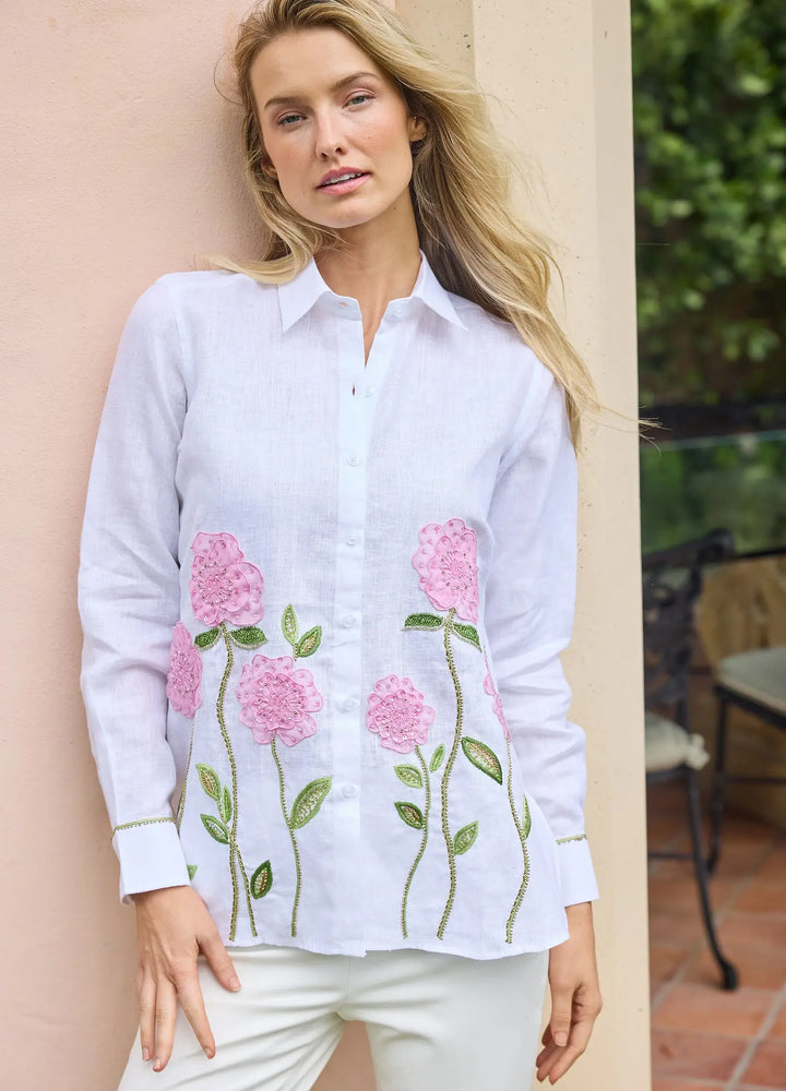 Bella Tu Sheer Flower Shirt in Pink Linen - Mildred Hoit